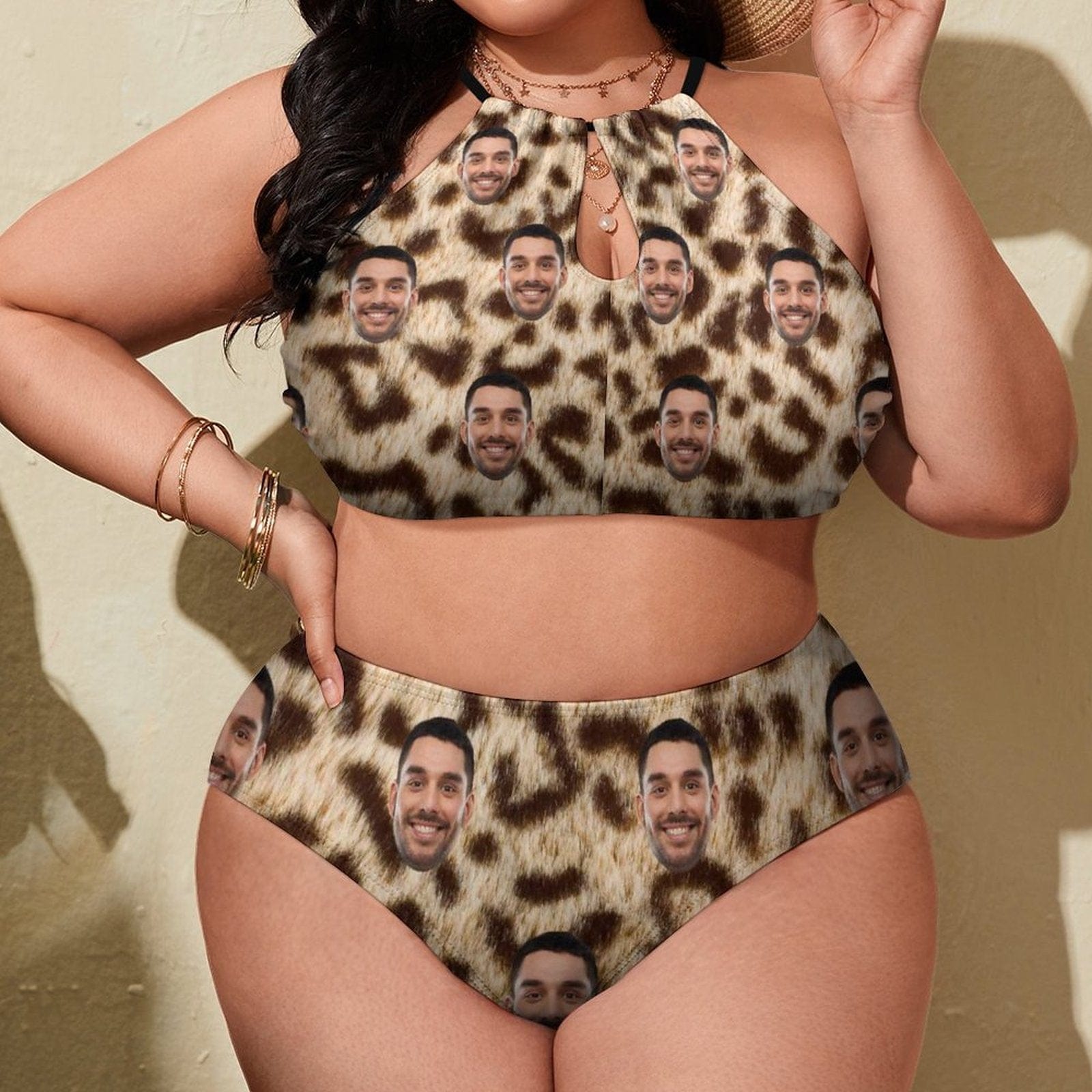 Custom #Plus Size Halter Bikini-Custom Face Leopard Plus Size Swimsuit High Neck Cutout High Waisted Bikini Personalized Women's Two Piece Swimsuit Beach Outfits - YesCustom