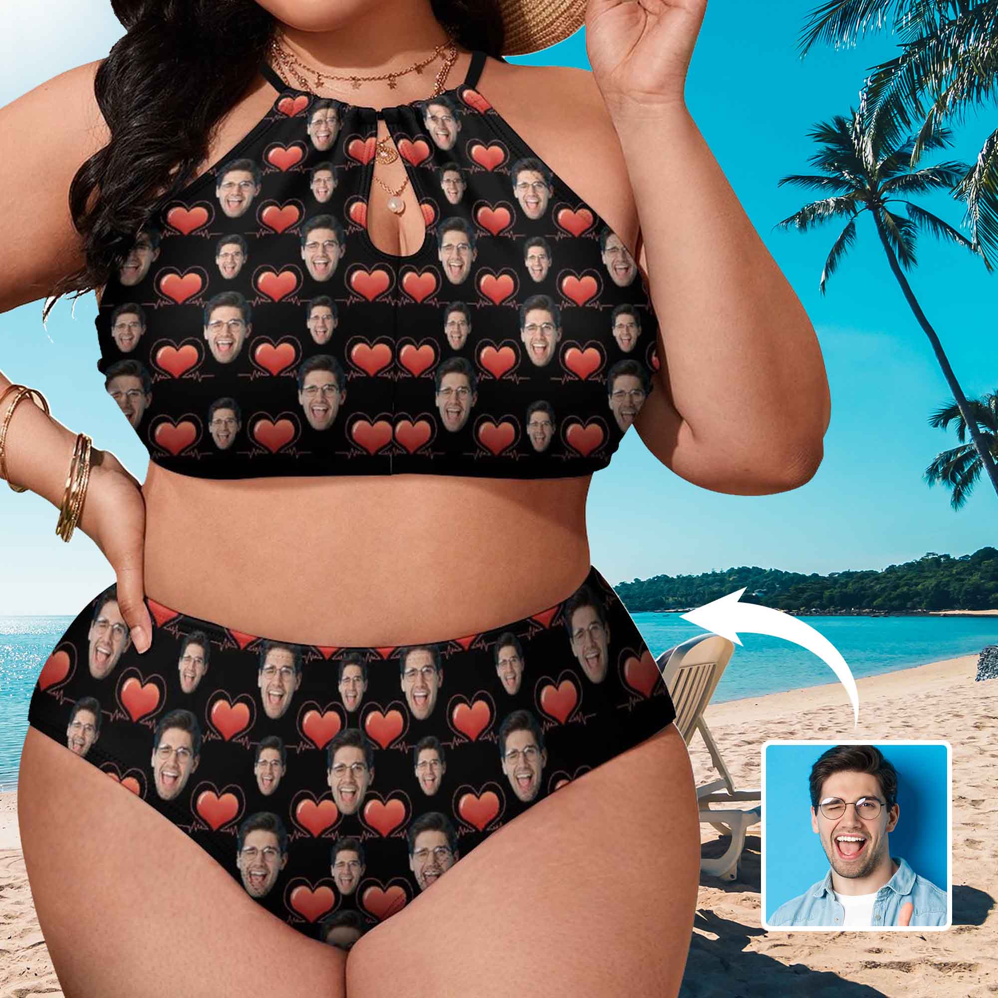 Custom #Plus Size Halter Bikini-Custom Face Love Heart Electrocardiogram Plus Size Swimsuit High Neck Cutout High Waisted Bikini Personalized Women's Two Piece Swimsuit Beach Outfits - YesCustom