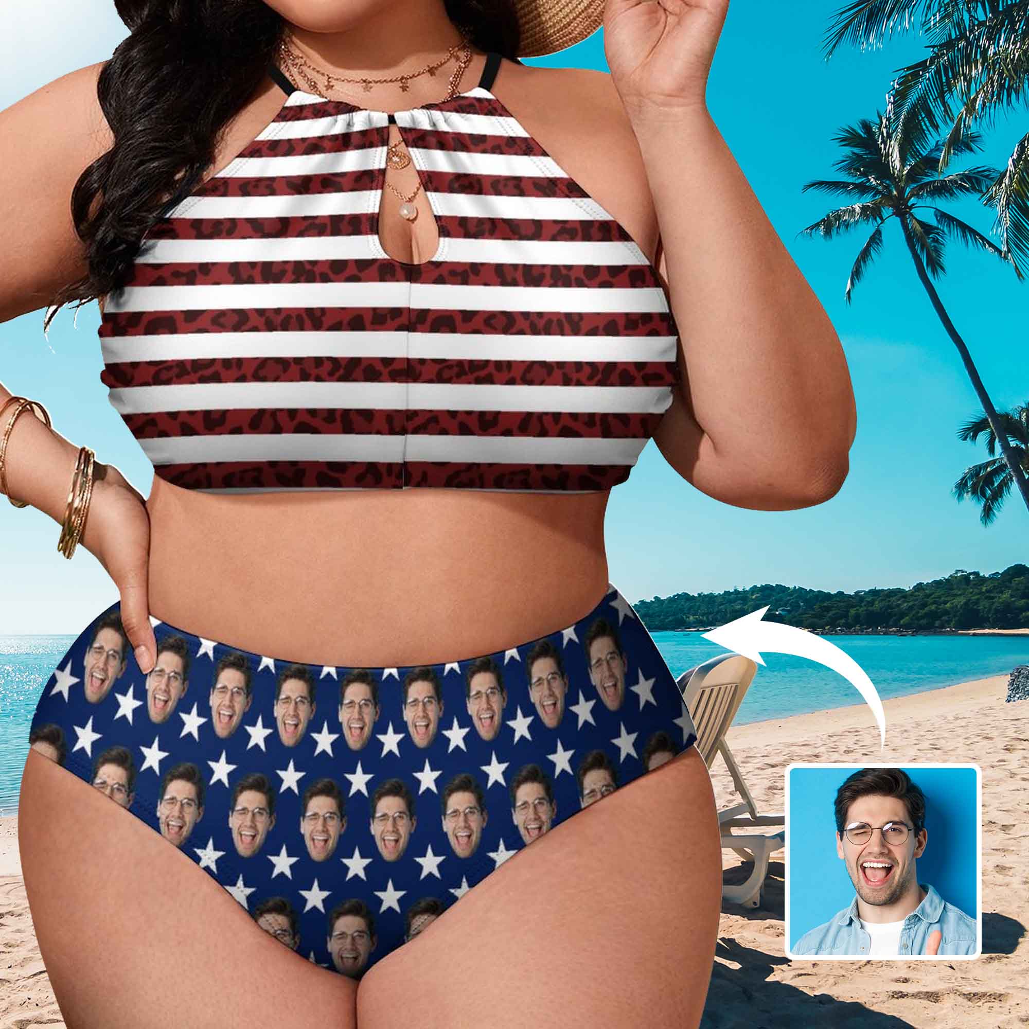 Custom #Plus Size Halter Bikini-Custom Face Pentagram Plus Size Swimsuit High Neck Cutout High Waisted Bikini Personalized Women's Two Piece Swimsuit Beach Outfits - YesCustom