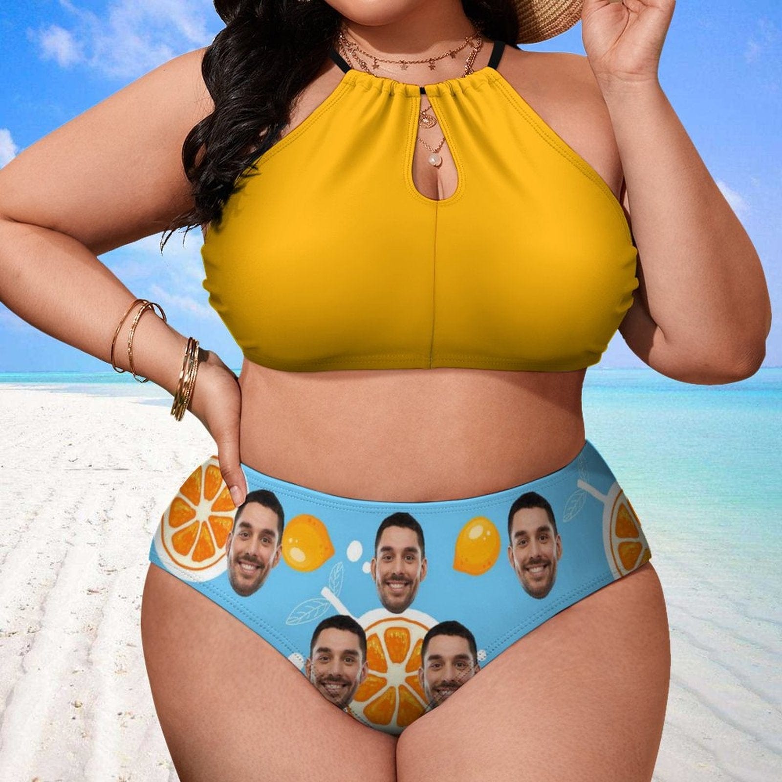 Custom #Plus Size Halter Bikini-Custom Face Pineapple Plus Size Swimsuit High Neck Cutout High Waisted Bikini Personalized Women's Two Piece Swimsuit Beach Outfits - YesCustom