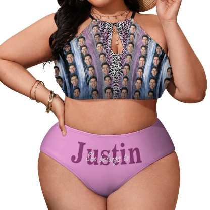 Custom #Plus Size Halter Bikini-Custom Face&Name She Belongs To Plus Size Swimsuit High Neck Cutout High Waisted Bikini Personalized Women's Two Piece Swimsuit Beach Outfits - YesCustom