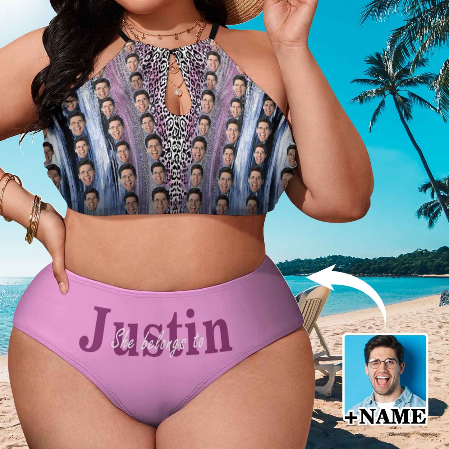 Custom #Plus Size Halter Bikini-Custom Face&Name She Belongs To Plus Size Swimsuit High Neck Cutout High Waisted Bikini Personalized Women's Two Piece Swimsuit Beach Outfits - YesCustom