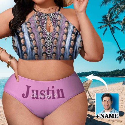 Custom #Plus Size Halter Bikini-Custom Face&Name She Belongs To Plus Size Swimsuit High Neck Cutout High Waisted Bikini Personalized Women's Two Piece Swimsuit Beach Outfits - YesCustom
