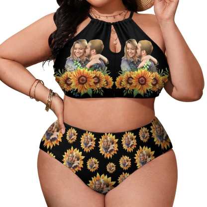 Custom #Plus Size Halter Bikini-Custom Photo Black Sunflower Plus Size Swimsuit High Neck Cutout High Waisted Bikini Personalized Women's Two Piece Swimsuit Beach Outfits - YesCustom