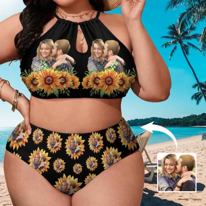 Custom #Plus Size Halter Bikini-Custom Photo Black Sunflower Plus Size Swimsuit High Neck Cutout High Waisted Bikini Personalized Women's Two Piece Swimsuit Beach Outfits - YesCustom