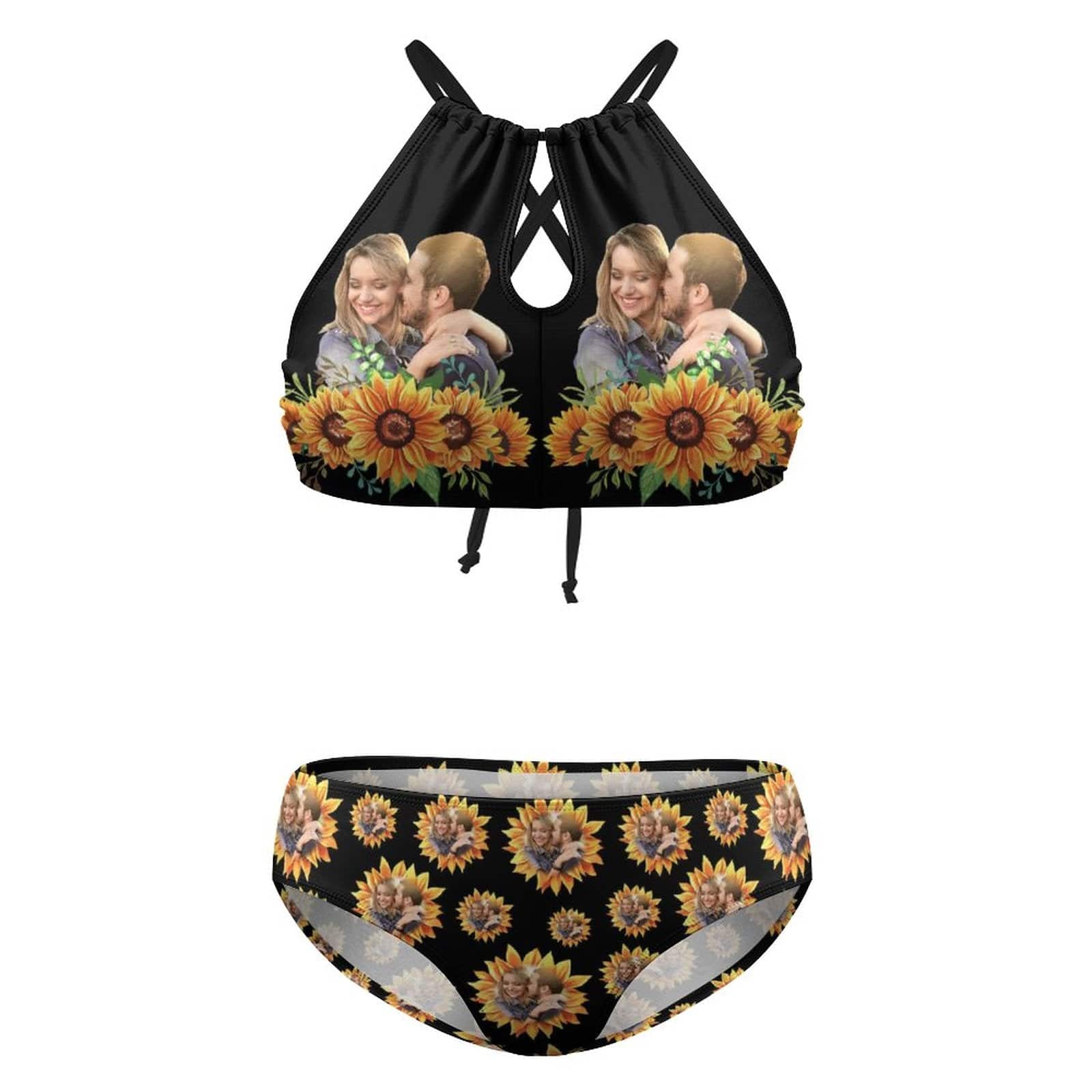 Custom #Plus Size Halter Bikini-Custom Photo Black Sunflower Plus Size Swimsuit High Neck Cutout High Waisted Bikini Personalized Women's Two Piece Swimsuit Beach Outfits - YesCustom