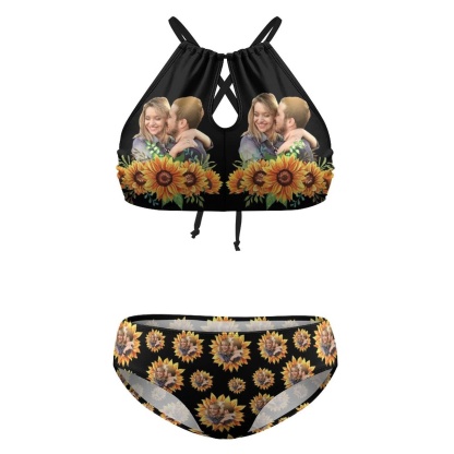 Custom #Plus Size Halter Bikini-Custom Photo Black Sunflower Plus Size Swimsuit High Neck Cutout High Waisted Bikini Personalized Women's Two Piece Swimsuit Beach Outfits - YesCustom