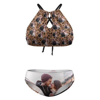 Custom #Plus Size Halter Bikini-Custom Photo Leopard Plus Size Swimsuit High Neck Cutout High Waisted Bikini Personalized Women's Two Piece Swimsuit Beach Outfits - YesCustom