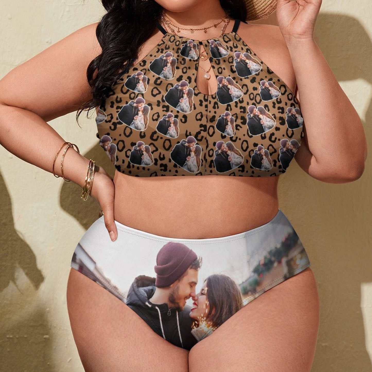 Custom #Plus Size Halter Bikini-Custom Photo Leopard Plus Size Swimsuit High Neck Cutout High Waisted Bikini Personalized Women's Two Piece Swimsuit Beach Outfits - YesCustom