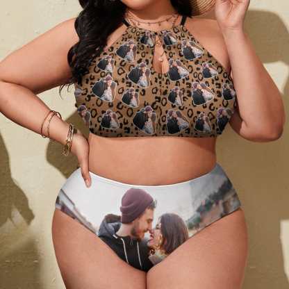 Custom #Plus Size Halter Bikini-Custom Photo Leopard Plus Size Swimsuit High Neck Cutout High Waisted Bikini Personalized Women's Two Piece Swimsuit Beach Outfits - YesCustom