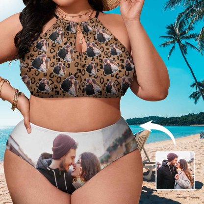 Custom #Plus Size Halter Bikini-Custom Photo Leopard Plus Size Swimsuit High Neck Cutout High Waisted Bikini Personalized Women's Two Piece Swimsuit Beach Outfits - YesCustom