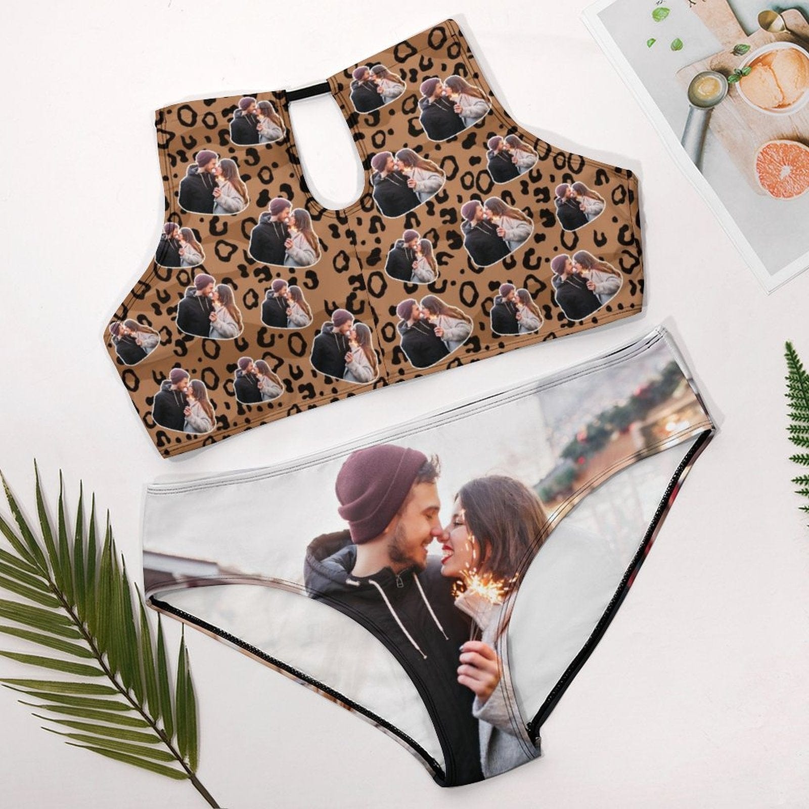Custom #Plus Size Halter Bikini-Custom Photo Leopard Plus Size Swimsuit High Neck Cutout High Waisted Bikini Personalized Women's Two Piece Swimsuit Beach Outfits - YesCustom