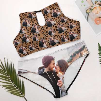 Custom #Plus Size Halter Bikini-Custom Photo Leopard Plus Size Swimsuit High Neck Cutout High Waisted Bikini Personalized Women's Two Piece Swimsuit Beach Outfits - YesCustom