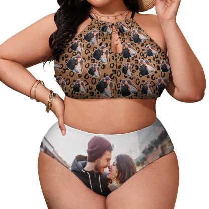 Custom #Plus Size Halter Bikini-Custom Photo Leopard Plus Size Swimsuit High Neck Cutout High Waisted Bikini Personalized Women's Two Piece Swimsuit Beach Outfits - YesCustom