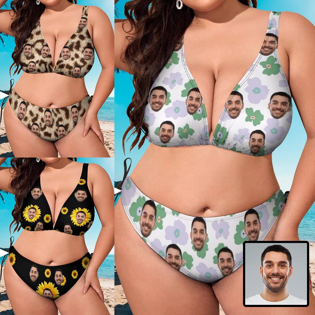 Custom #Plus Size Halter Trikini-Custom Face Flowers Plus Size Swimsuit Deep V Neck Halter Tie Side Low Waisted Triangle Bikini Personalized Bathing Suit Beach Outfits - YesCustom