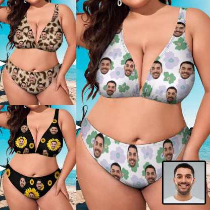 Custom #Plus Size Halter Trikini-Custom Face Flowers Plus Size Swimsuit Deep V Neck Halter Tie Side Low Waisted Triangle Bikini Personalized Bathing Suit Beach Outfits - YesCustom