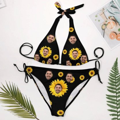 Custom #Plus Size Halter Trikini-Custom Face Flowers Plus Size Swimsuit Deep V Neck Halter Tie Side Low Waisted Triangle Bikini Personalized Bathing Suit Beach Outfits - YesCustom