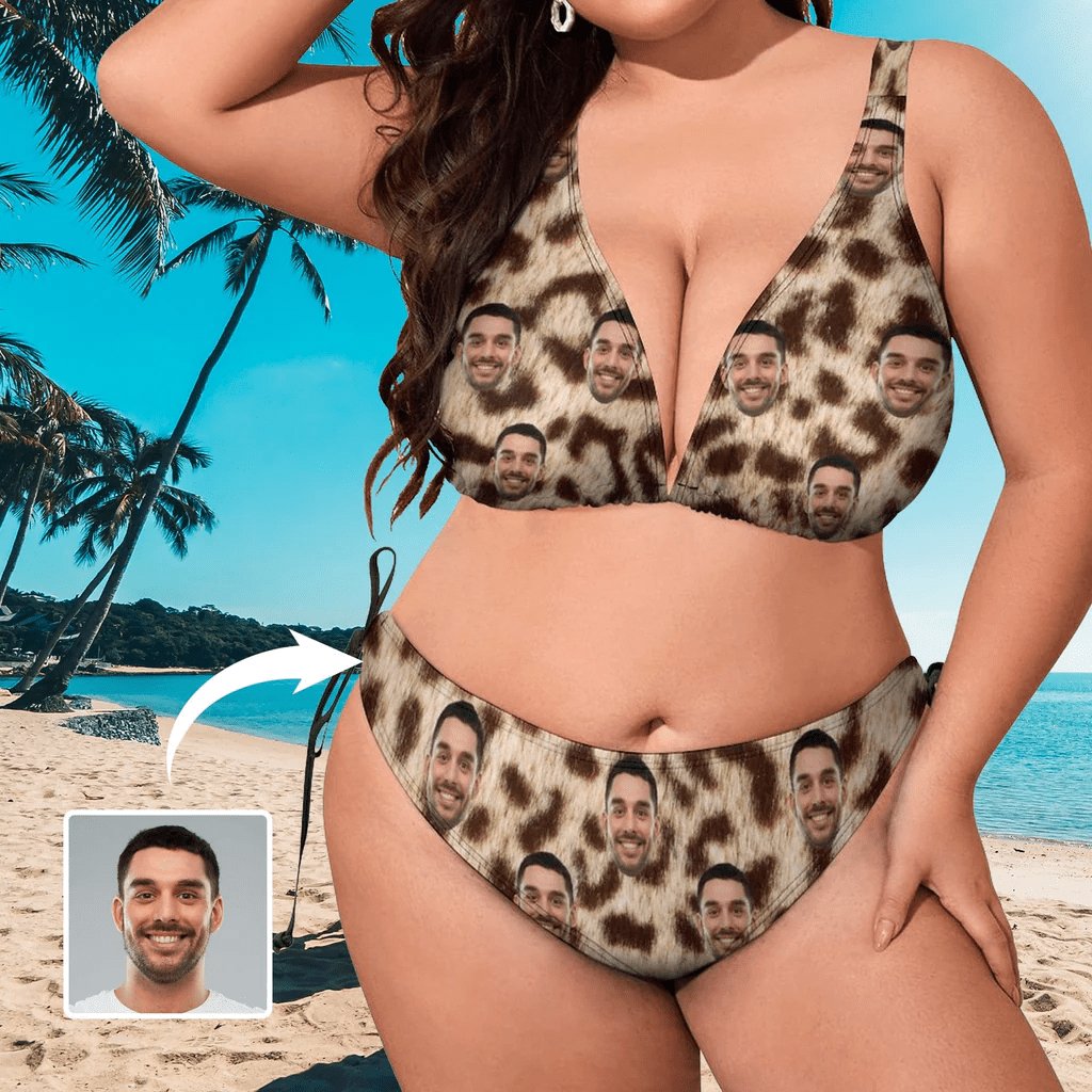 Custom #Plus Size Halter Trikini-Custom Face Flowers Plus Size Swimsuit Deep V Neck Halter Tie Side Low Waisted Triangle Bikini Personalized Bathing Suit Beach Outfits - YesCustom