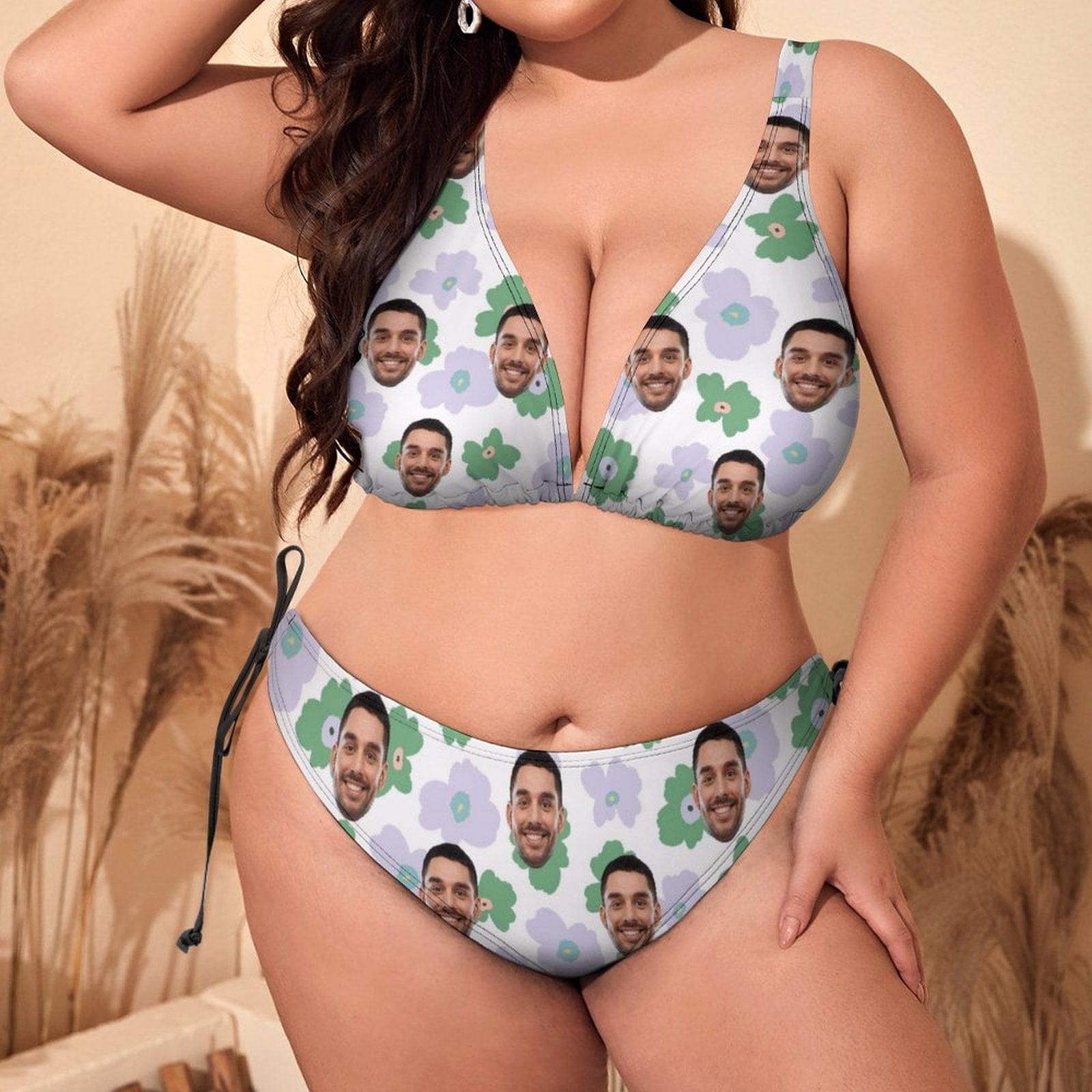 Custom #Plus Size Halter Trikini-Custom Face Flowers Plus Size Swimsuit Deep V Neck Halter Tie Side Low Waisted Triangle Bikini Personalized Bathing Suit Beach Outfits - YesCustom