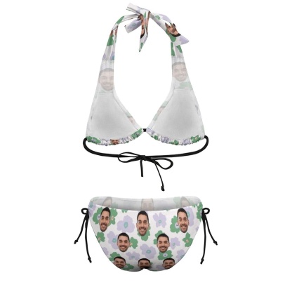Custom #Plus Size Halter Trikini-Custom Face Flowers Plus Size Swimsuit Deep V Neck Halter Tie Side Low Waisted Triangle Bikini Personalized Bathing Suit Beach Outfits - YesCustom
