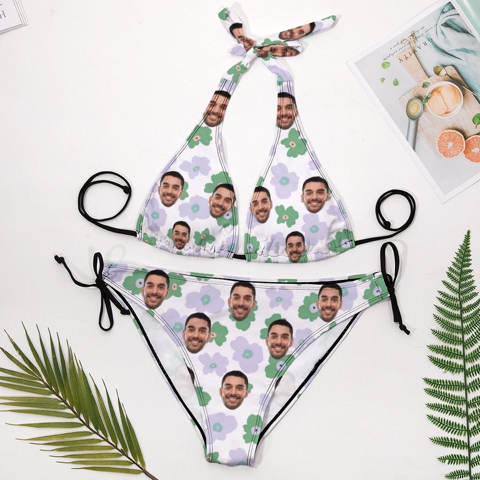 Custom #Plus Size Halter Trikini-Custom Face Flowers Plus Size Swimsuit Deep V Neck Halter Tie Side Low Waisted Triangle Bikini Personalized Bathing Suit Beach Outfits - YesCustom