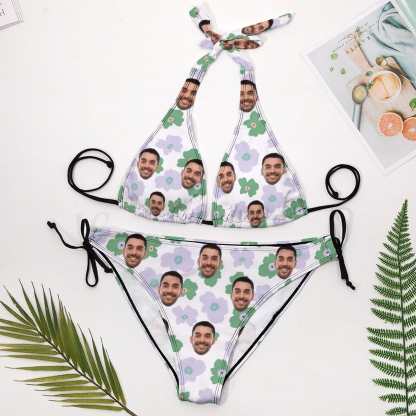 Custom #Plus Size Halter Trikini-Custom Face Flowers Plus Size Swimsuit Deep V Neck Halter Tie Side Low Waisted Triangle Bikini Personalized Bathing Suit Beach Outfits - YesCustom