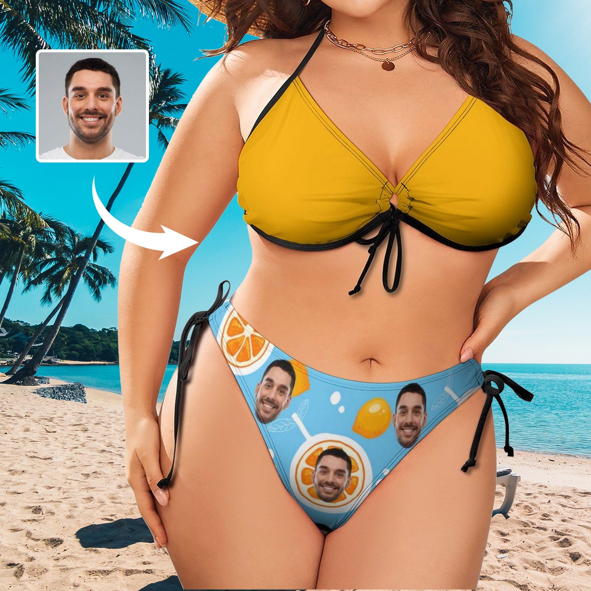 Custom #Plus Size Halter Trikini-Custom Face Fruits Pineapple Plus Size Swimsuit String Link Halter Tie Side Low Waisted Triangle Bikini Personalized Bathing Suit - YesCustom
