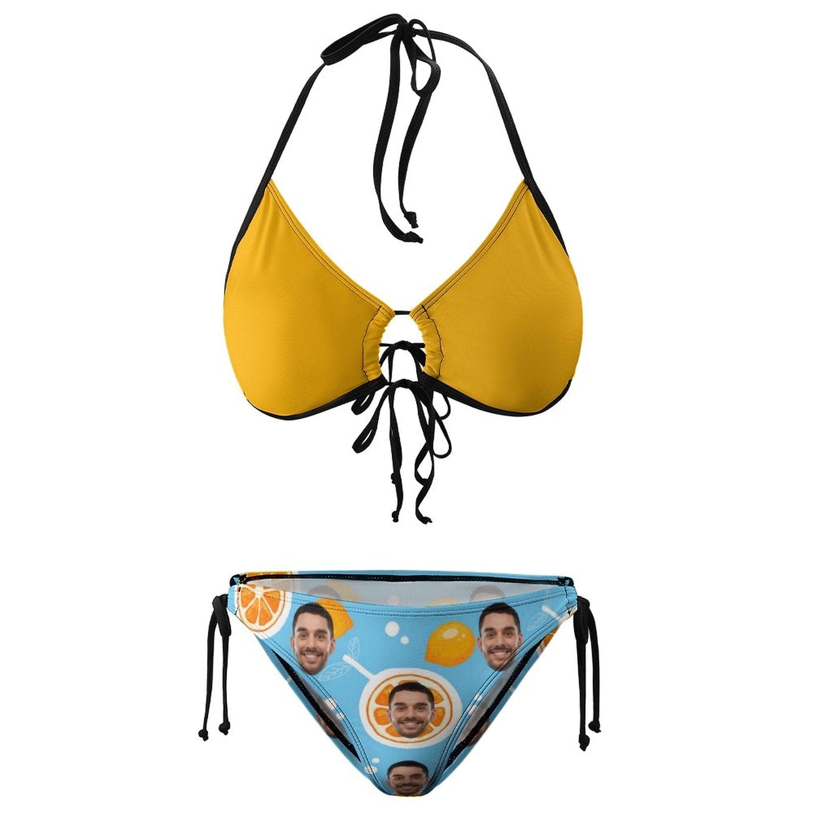 Custom #Plus Size Halter Trikini-Custom Face Fruits Pineapple Plus Size Swimsuit String Link Halter Tie Side Low Waisted Triangle Bikini Personalized Bathing Suit - YesCustom