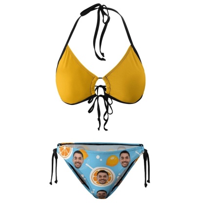 Custom #Plus Size Halter Trikini-Custom Face Fruits Pineapple Plus Size Swimsuit String Link Halter Tie Side Low Waisted Triangle Bikini Personalized Bathing Suit - YesCustom