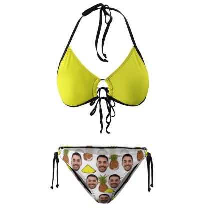 Custom #Plus Size Halter Trikini-Custom Face Fruits Pineapple Plus Size Swimsuit String Link Halter Tie Side Low Waisted Triangle Bikini Personalized Bathing Suit - YesCustom