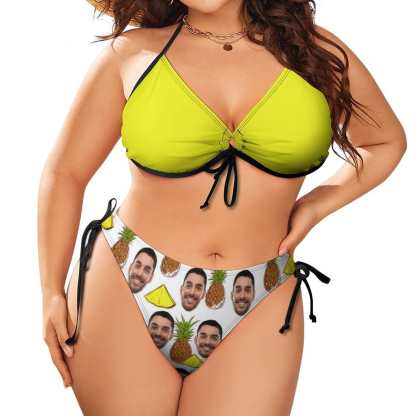 Custom #Plus Size Halter Trikini-Custom Face Fruits Pineapple Plus Size Swimsuit String Link Halter Tie Side Low Waisted Triangle Bikini Personalized Bathing Suit - YesCustom