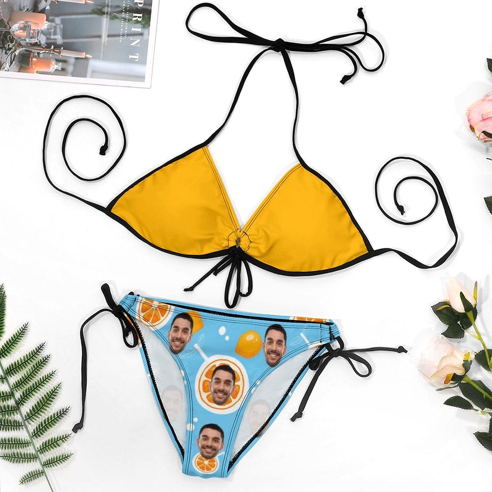 Custom #Plus Size Halter Trikini-Custom Face Fruits Pineapple Plus Size Swimsuit String Link Halter Tie Side Low Waisted Triangle Bikini Personalized Bathing Suit - YesCustom
