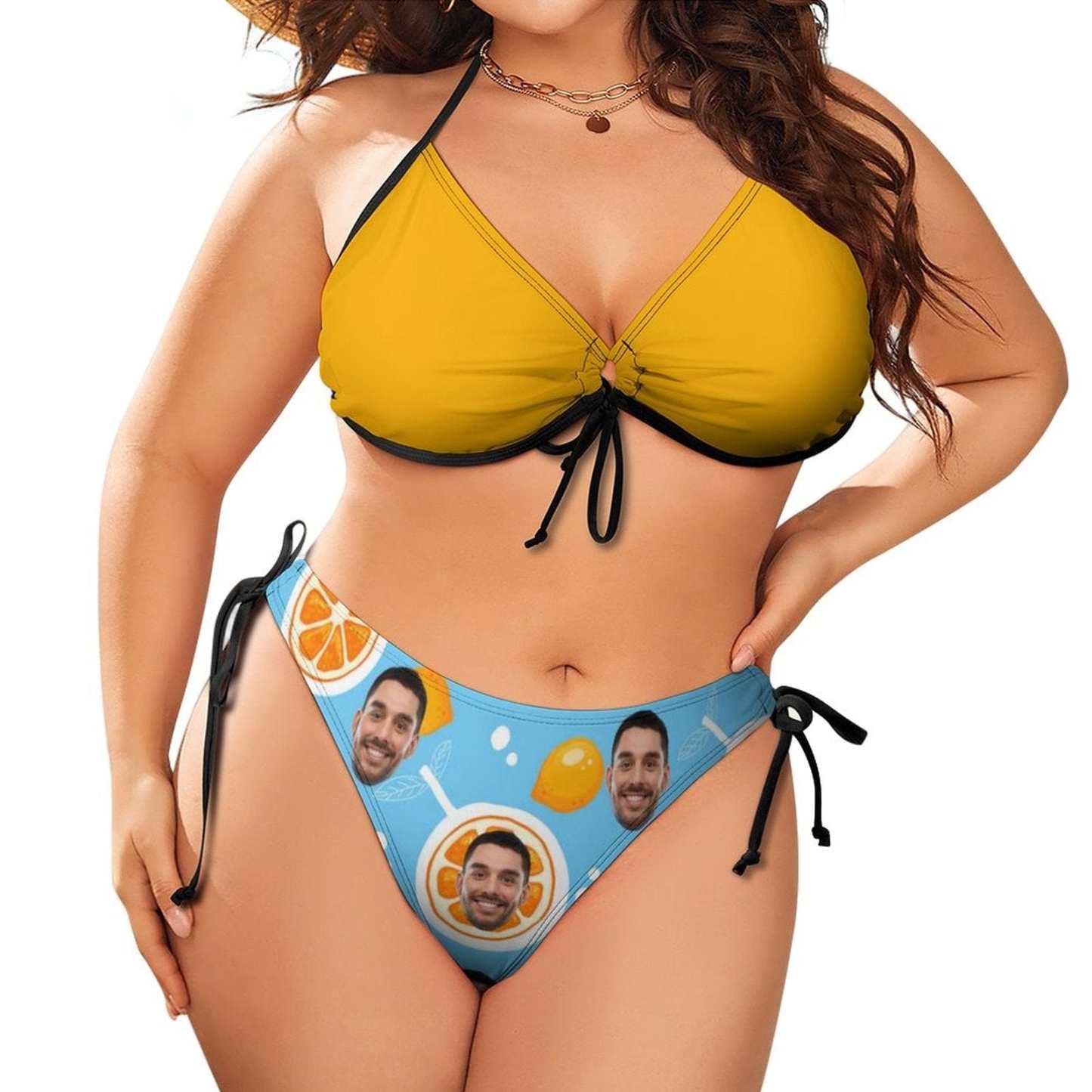 Custom #Plus Size Halter Trikini-Custom Face Fruits Pineapple Plus Size Swimsuit String Link Halter Tie Side Low Waisted Triangle Bikini Personalized Bathing Suit - YesCustom