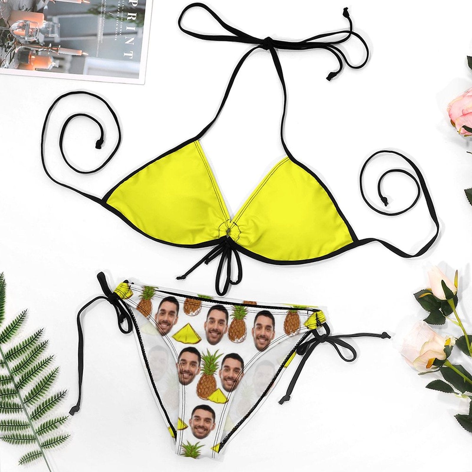 Custom #Plus Size Halter Trikini-Custom Face Fruits Pineapple Plus Size Swimsuit String Link Halter Tie Side Low Waisted Triangle Bikini Personalized Bathing Suit - YesCustom