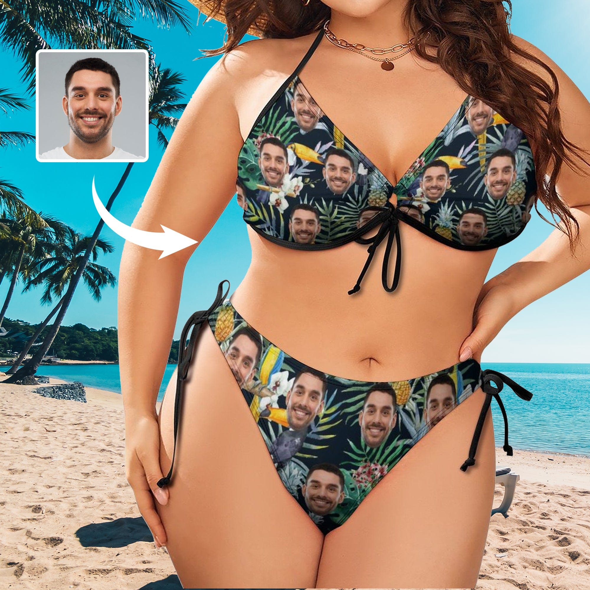 Custom #Plus Size Halter Trikini-Custom Face Hawaiian Plus Size Swimsuit String Link Halter Tie Side Low Waisted Triangle Bikini Personalized Bathing Suit - YesCustom