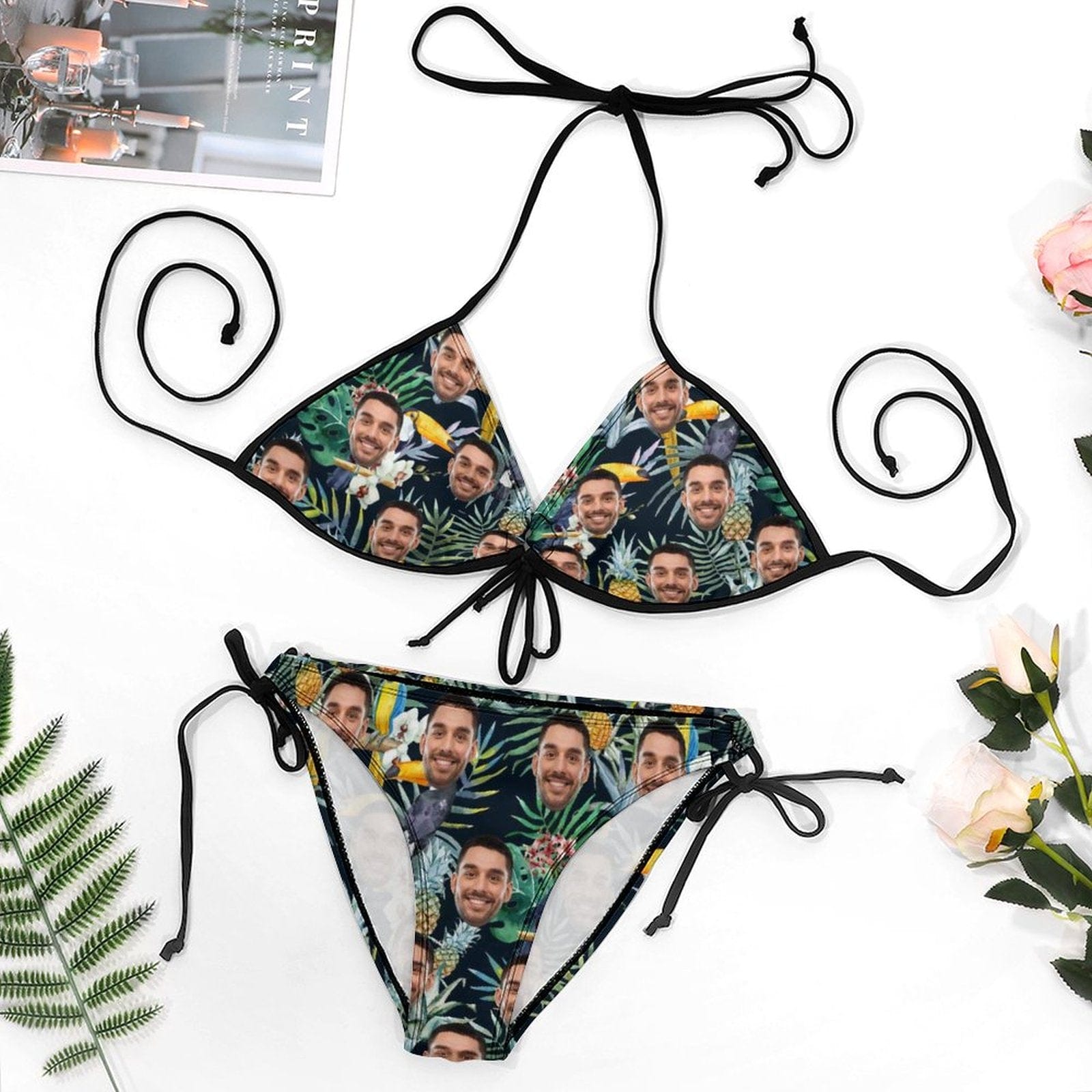 Custom #Plus Size Halter Trikini-Custom Face Hawaiian Plus Size Swimsuit String Link Halter Tie Side Low Waisted Triangle Bikini Personalized Bathing Suit - YesCustom