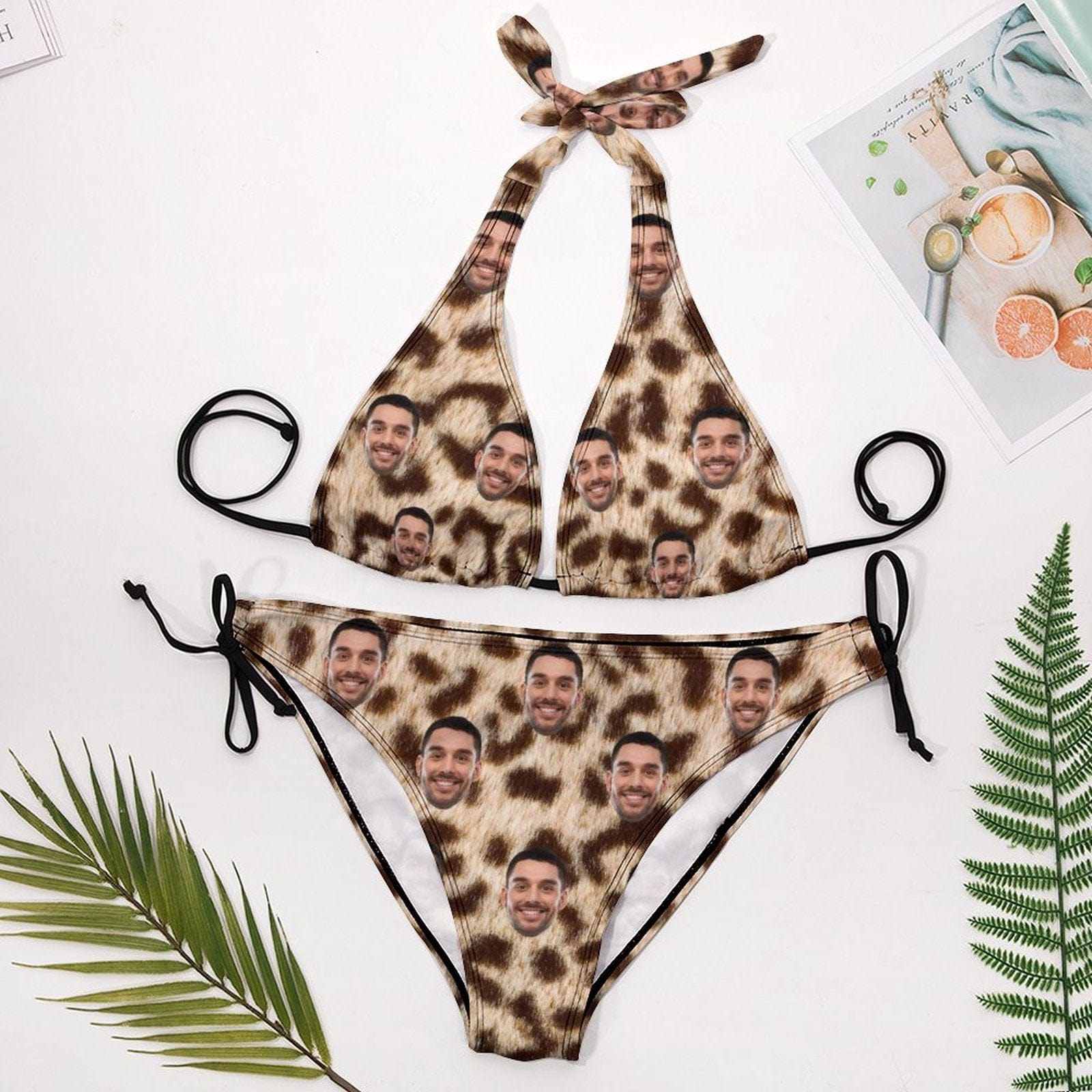 Custom #Plus Size Halter Trikini-Custom Face Leopard Plus Size Swimsuit Deep V Neck Halter Tie Side Low Waisted Triangle Bikini Personalized Bathing Suit Beach Outfits - YesCustom