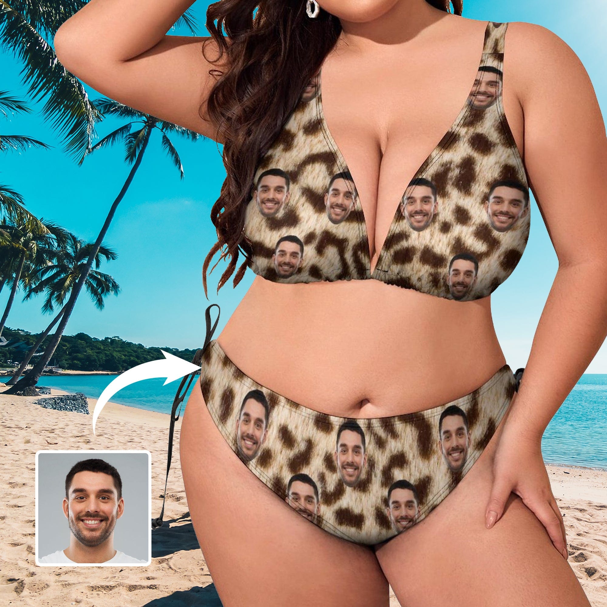 Custom #Plus Size Halter Trikini-Custom Face Leopard Plus Size Swimsuit Deep V Neck Halter Tie Side Low Waisted Triangle Bikini Personalized Bathing Suit Beach Outfits - YesCustom