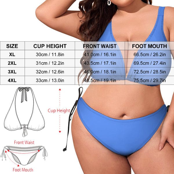 Custom #Plus Size Halter Trikini-Custom Face Flowers Plus Size Swimsuit Deep V Neck Halter Tie Side Low Waisted Triangle Bikini Personalized Bathing Suit Beach Outfits - YesCustom
