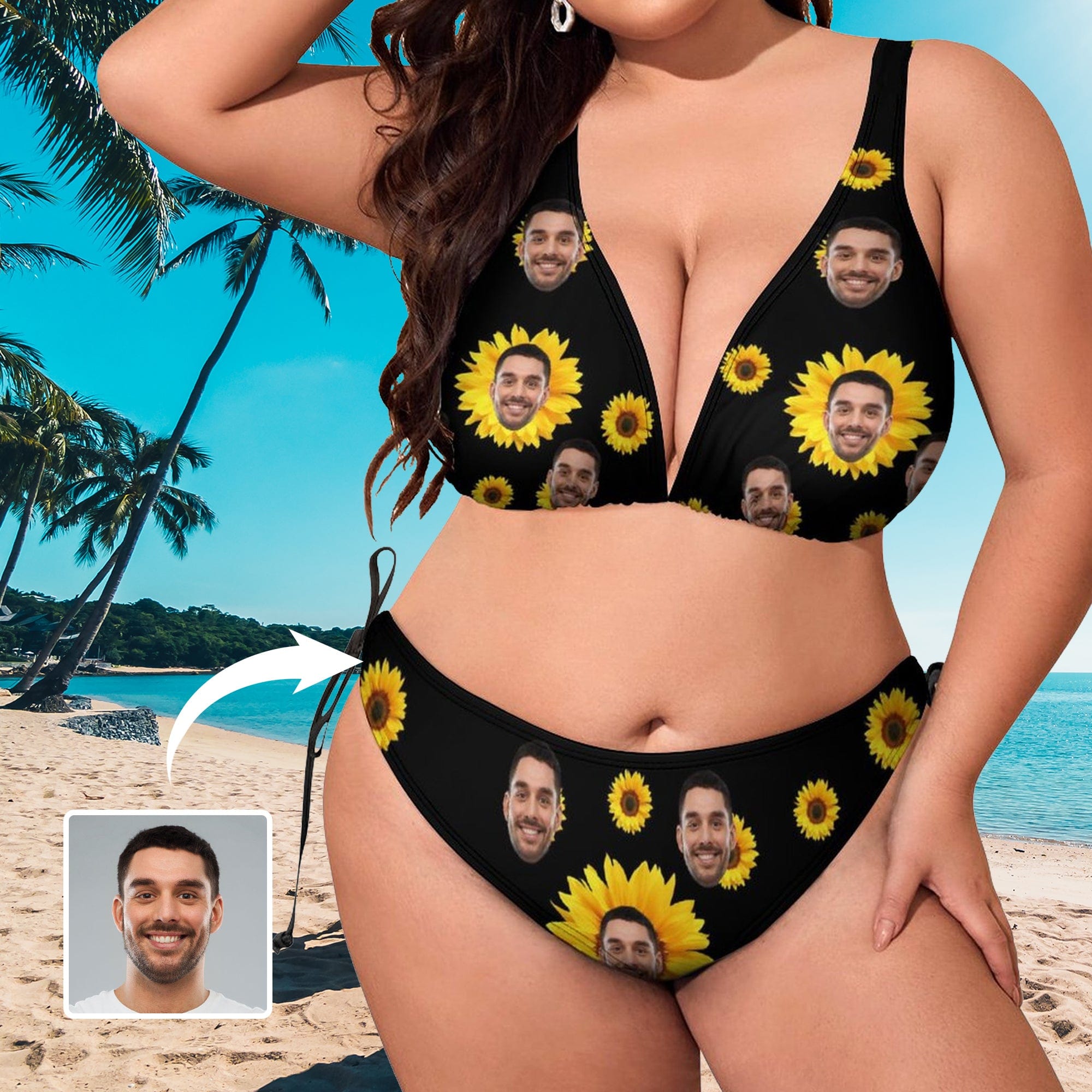 Custom #Plus Size Halter Trikini-Custom Face Sun Flower Plus Size Swimsuit Deep V Neck Halter Tie Side Low Waisted Triangle Bikini Personalized Bathing Suit Beach Outfits - YesCustom