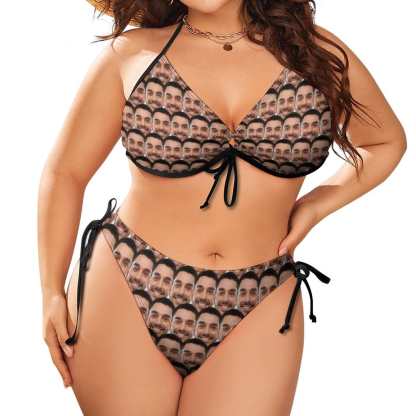 Custom #Plus Size Halter Trikini-Custom Seamless Face Plus Size Swimsuit String Link Halter Tie Side Low Waisted Triangle Bikini Personalized Bathing Suit - YesCustom