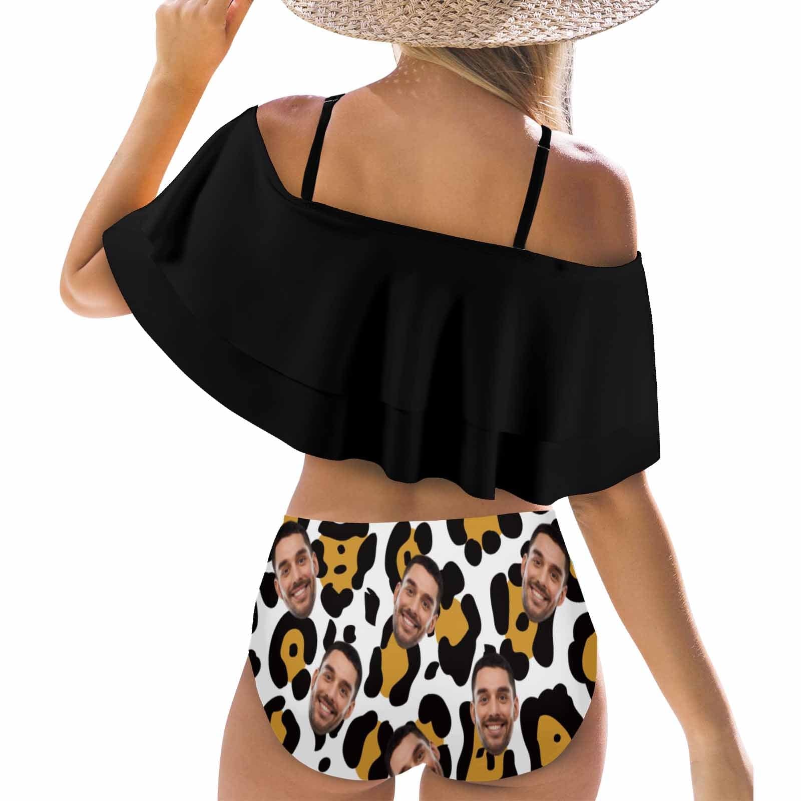 Custom #Plus Size Off Shoulder Bikini-Custom Face Leopard Print Black 2 Ways to Wear Ruffle High Waisted Bikini Set Two Pieces Swimsuit Beachwear - YesCustom