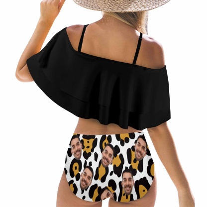 Custom #Plus Size Off Shoulder Bikini-Custom Face Leopard Print Black 2 Ways to Wear Ruffle High Waisted Bikini Set Two Pieces Swimsuit Beachwear - YesCustom