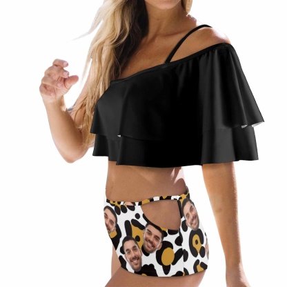 Custom #Plus Size Off Shoulder Bikini-Custom Face Leopard Print Black 2 Ways to Wear Ruffle High Waisted Bikini Set Two Pieces Swimsuit Beachwear - YesCustom