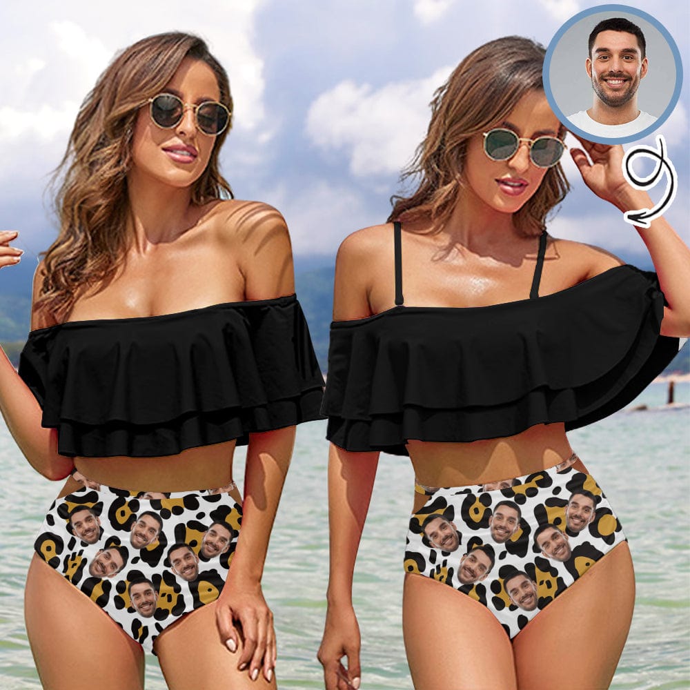 Custom #Plus Size Off Shoulder Bikini-Custom Face Leopard Print Black 2 Ways to Wear Ruffle High Waisted Bikini Set Two Pieces Swimsuit Beachwear - YesCustom