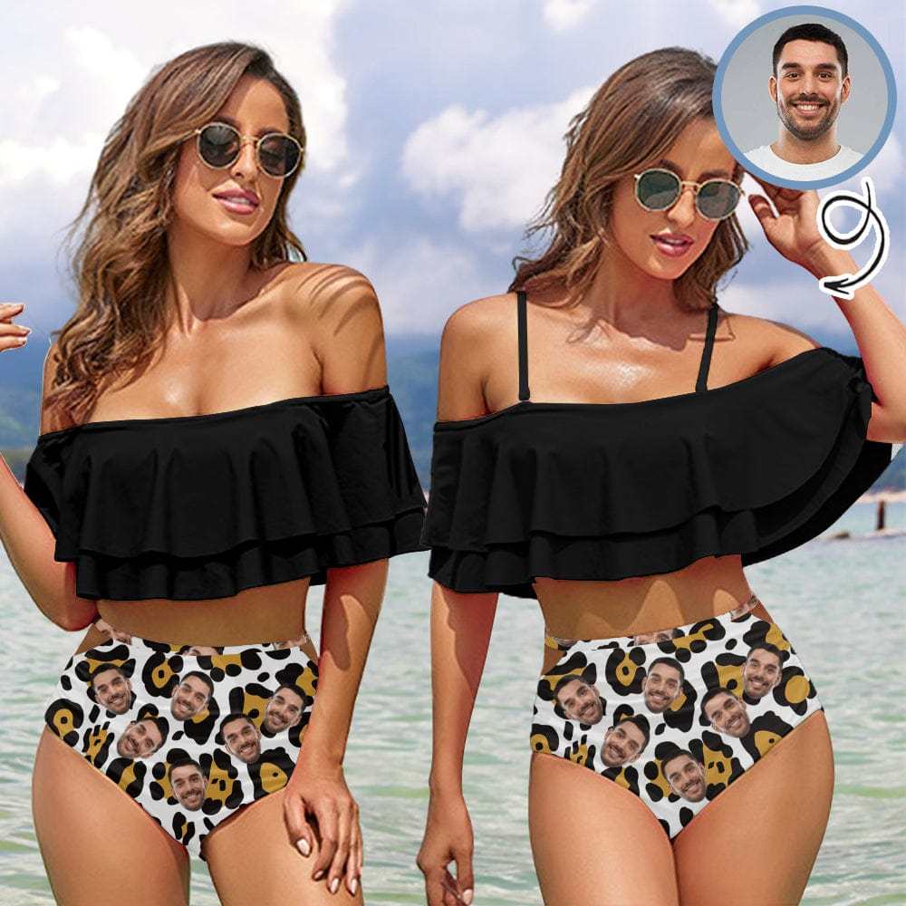Custom #Plus Size Off Shoulder Bikini-Custom Face Leopard Print Black 2 Ways to Wear Ruffle High Waisted Bikini Set Two Pieces Swimsuit Beachwear - YesCustom