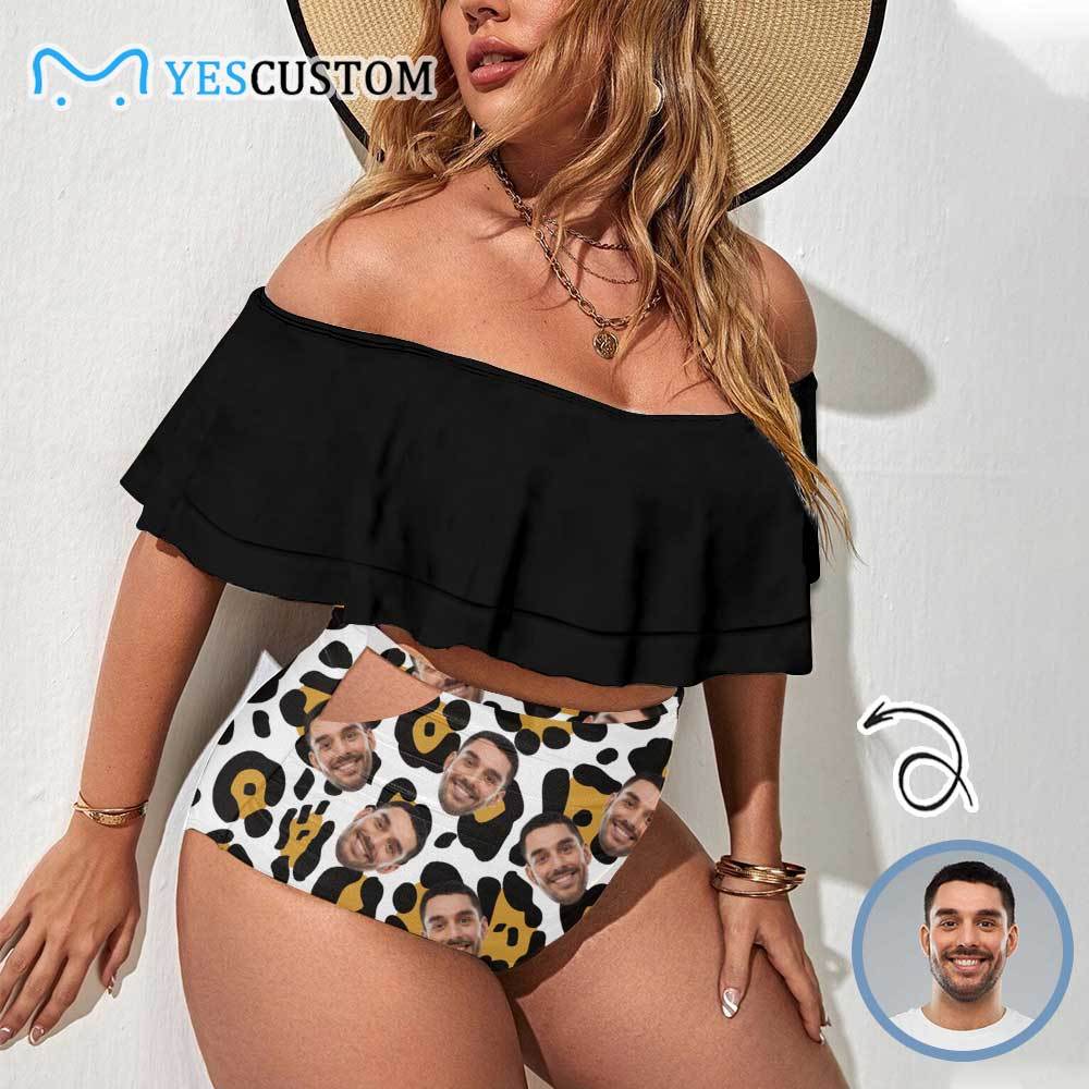 Custom #Plus Size Off Shoulder Bikini-Custom Face Leopard Print Black 2 Ways to Wear Ruffle High Waisted Bikini Set Two Pieces Swimsuit Beachwear - YesCustom