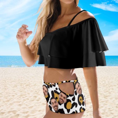 Custom #Plus Size Off Shoulder Bikini-Custom Face Leopard Print Black 2 Ways to Wear Ruffle High Waisted Bikini Set Two Pieces Swimsuit Beachwear - YesCustom