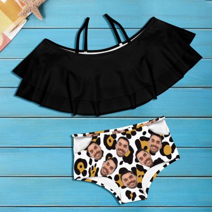 Custom #Plus Size Off Shoulder Bikini-Custom Face Leopard Print Black 2 Ways to Wear Ruffle High Waisted Bikini Set Two Pieces Swimsuit Beachwear - YesCustom
