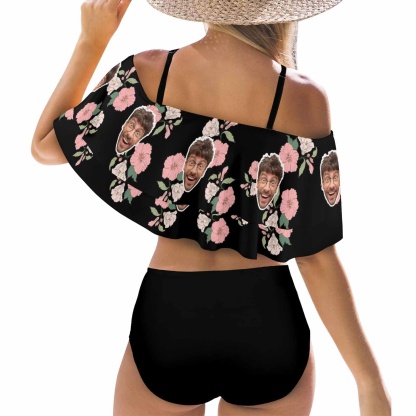 Custom #Plus Size Off Shoulder Bikini-Custom Face Pink And White Flowers 2 Ways to Wear Ruffle High Waisted Bikini Set Two Pieces Swimsuit Beachwear - YesCustom
